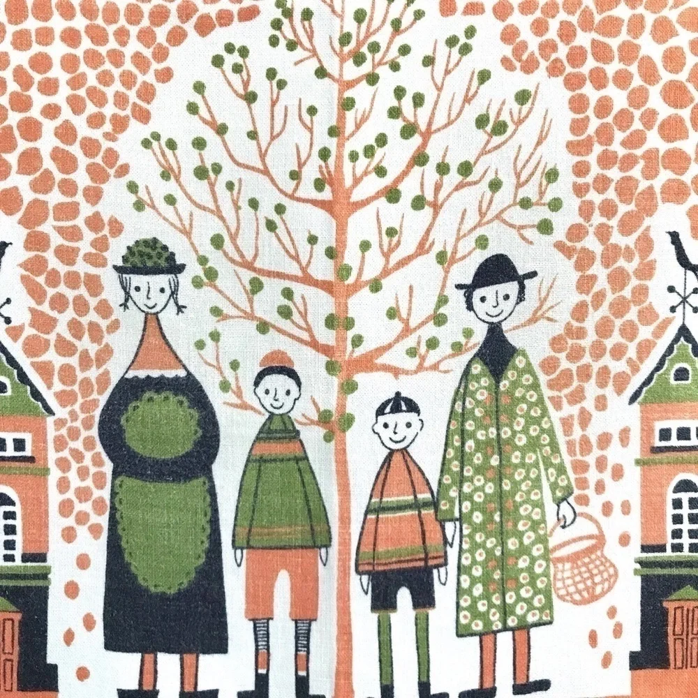 Vintage 1950s Swedish Tea Towel Family Outdoor Scene Wall Hanging